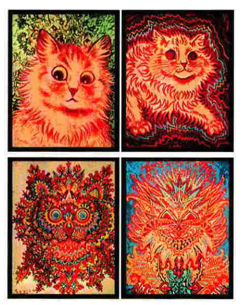 Cats by famous painter Louis Wain, who suffered from schizophrenia. He had a thing for painting felines and it's argued that the progression of his illness was seen in how abstract his paintings grew over time. 