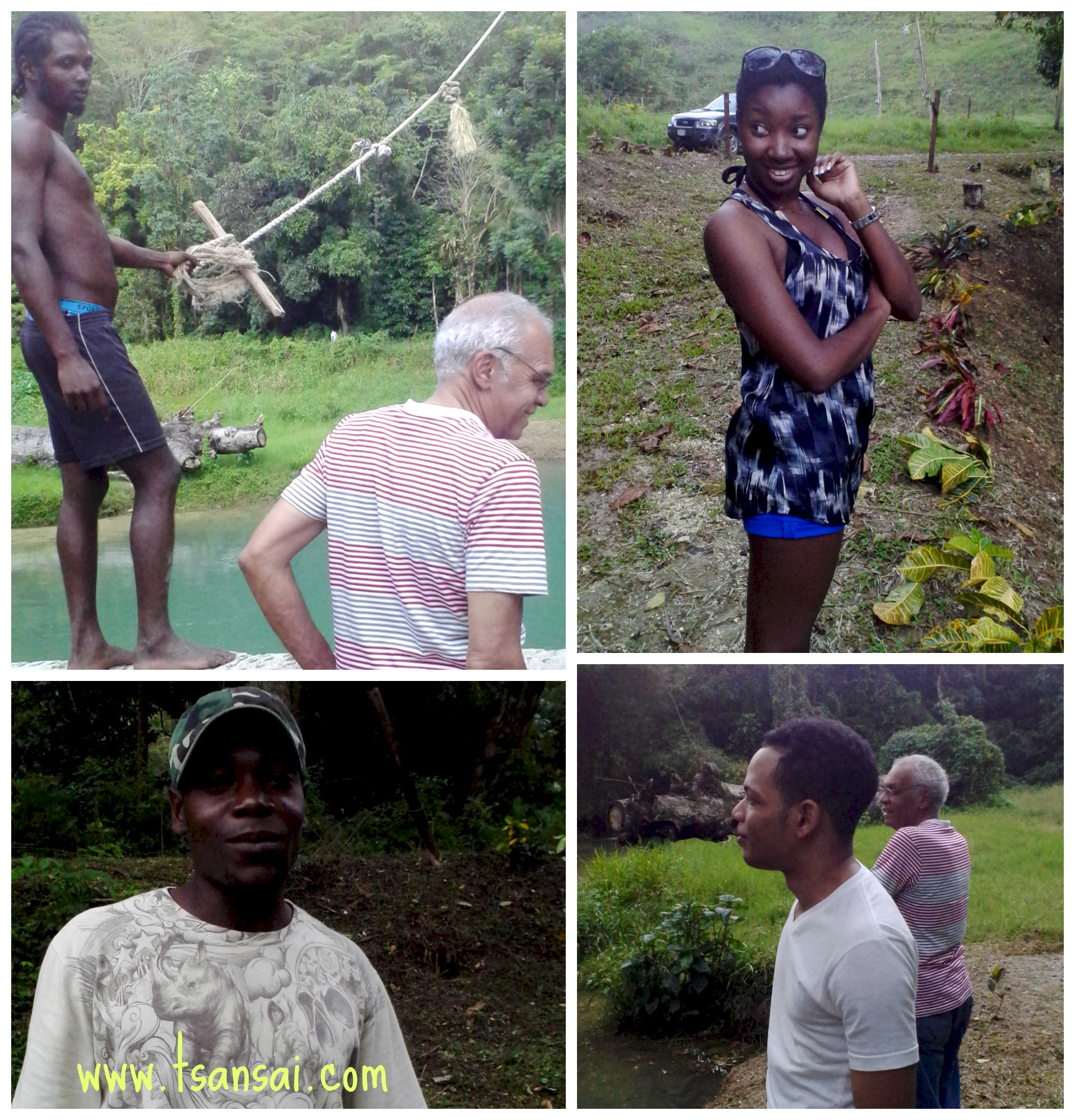 Scenes from Labyrinth/White River Valley. From top left (clockwise): Shango (our guide while swinging), Uncle George, Jody & Shomari ---travelling partners--- and Munair, tour guide.